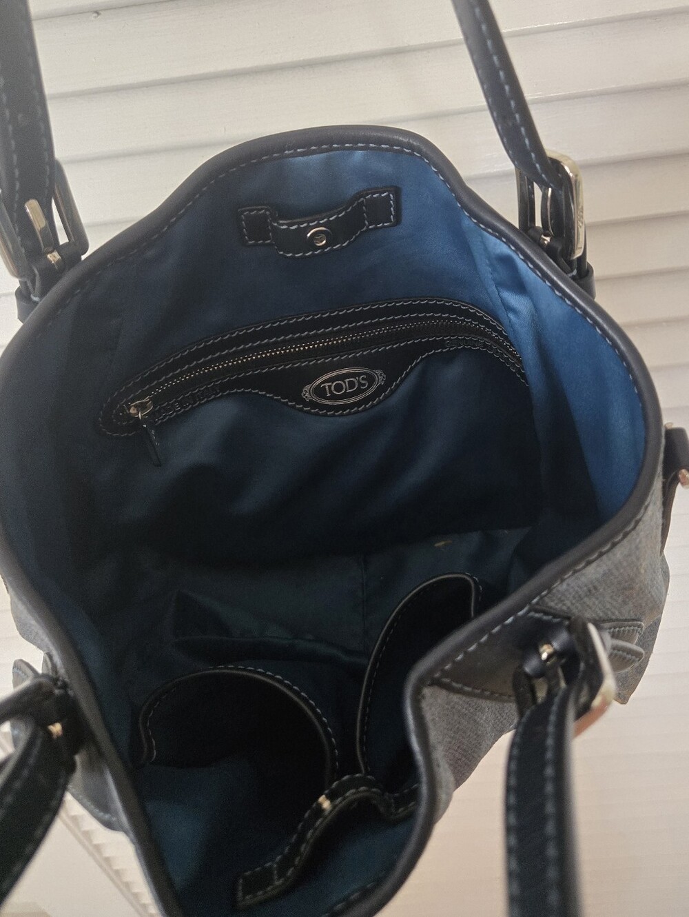 TOD'S Blue Coated Canvas Leather Trim Satchel Tote Handbag - Picture 8 of 9